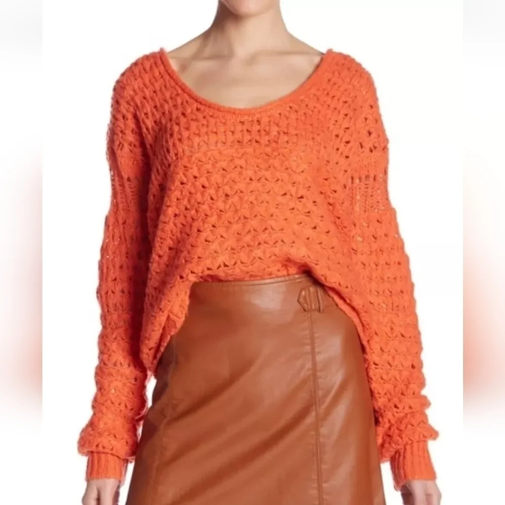 Free People Crashing Waves Pullover Sweater Womens Large Orange Knit Round Neck